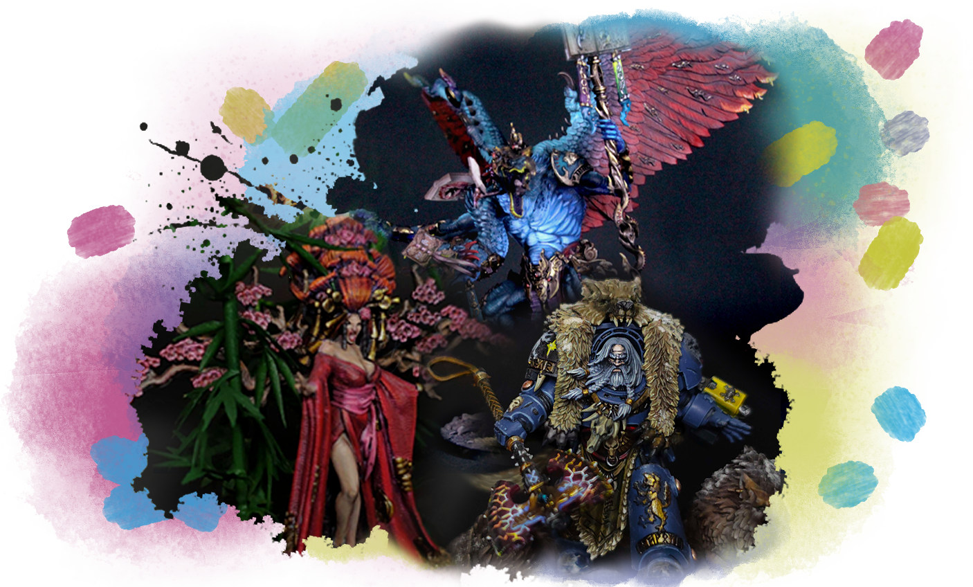 Collage of showcase and character-level painted fantasy and Warhammer-style miniature commissions by Caladors Commissions.
