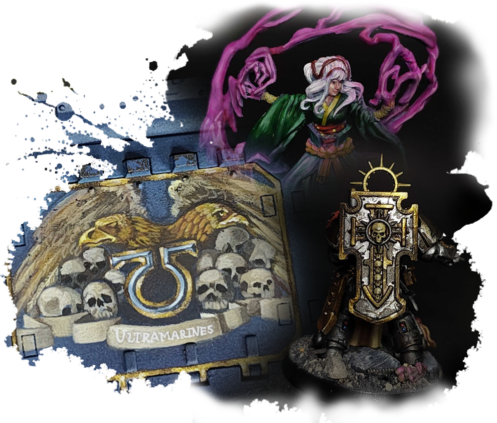 A collage of miniatures, a painted mural for the Ultramarines, a female Bushido miniature with an extended spell, and the back of a blade guard veteran showing true metallic metal shine as well as heavy damage do the shield
