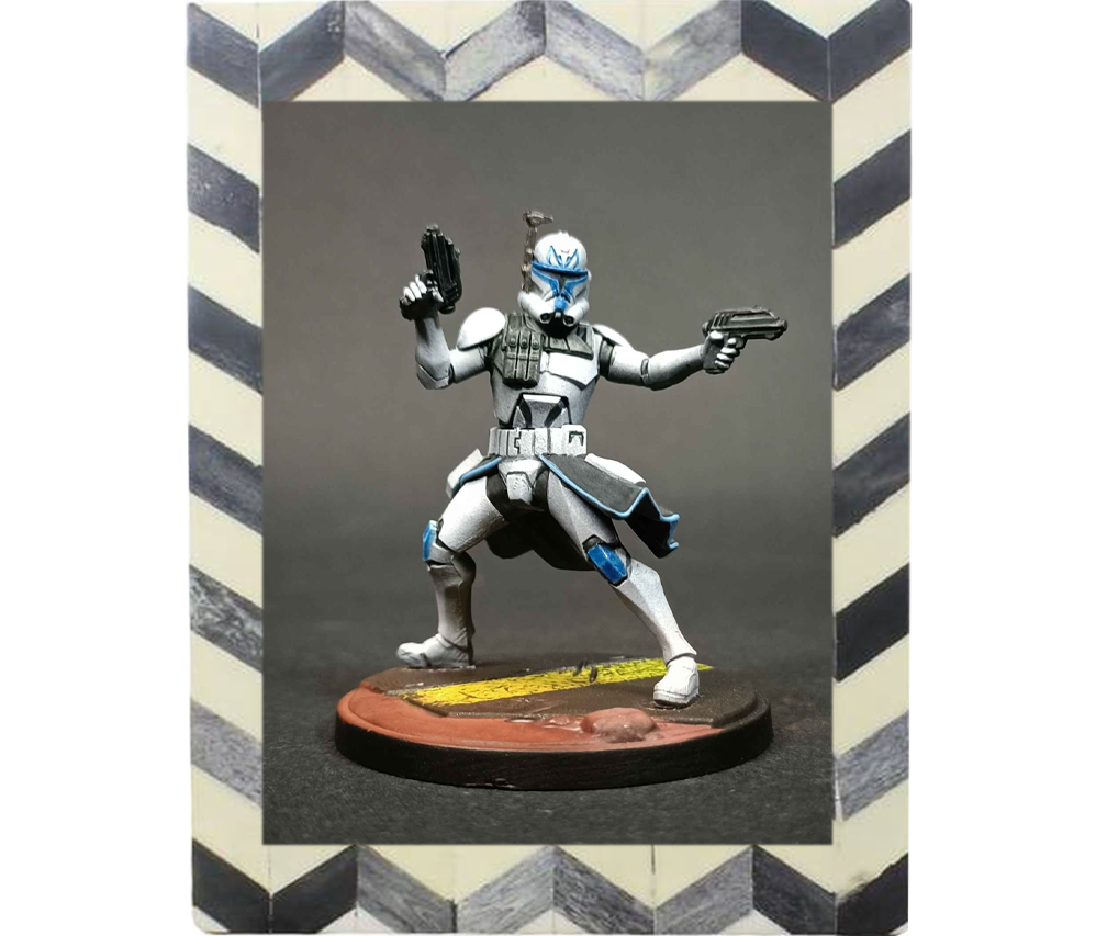 A clone trooper in a black and white frame
