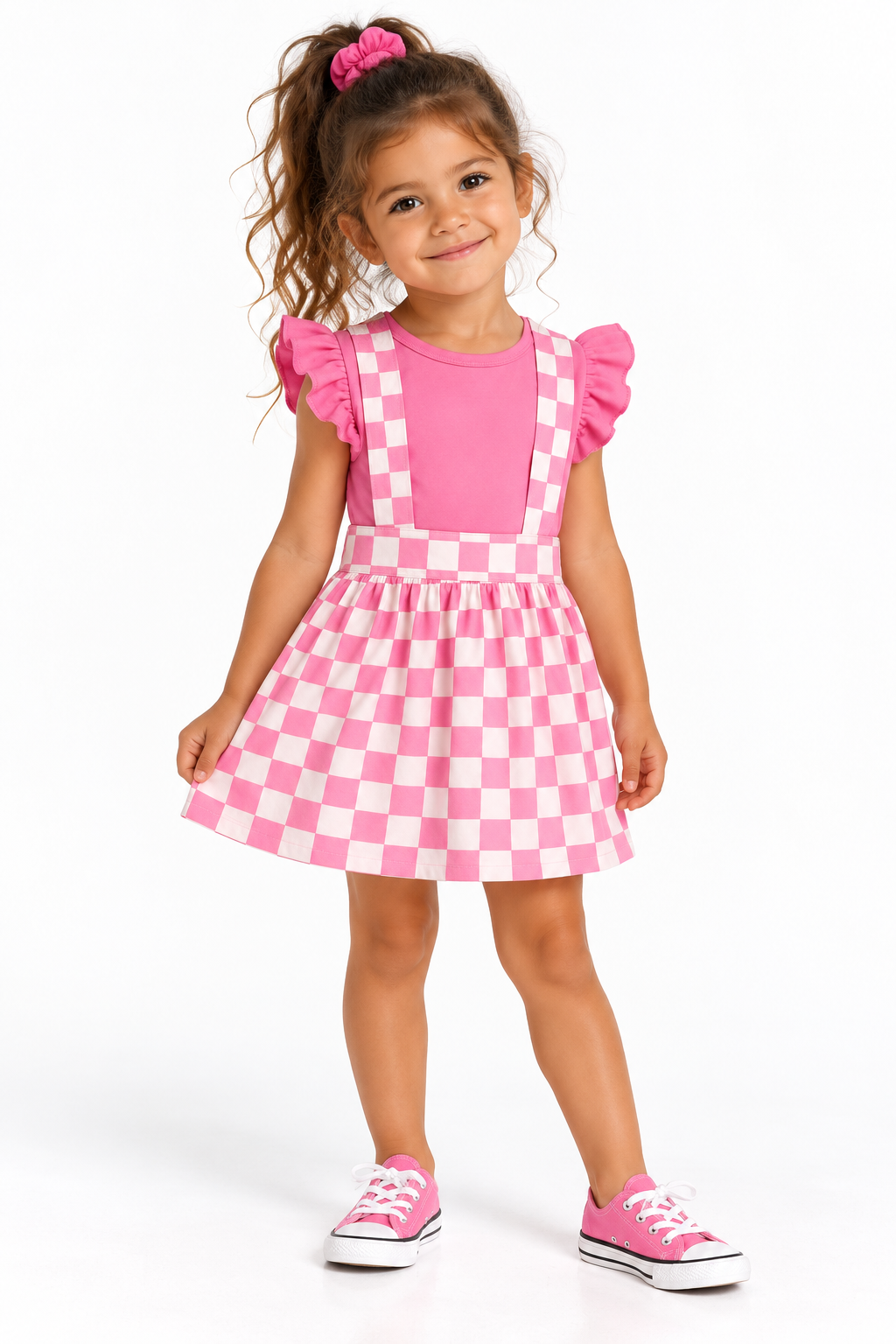 Smiling Girl in Pink Gingham Dress.png