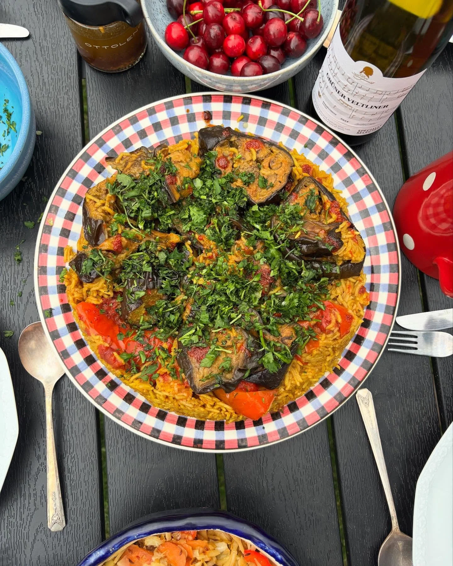 Conflict Cooking July: Palestinian red pepper and aubergine upside-down rice &mdash; adapted from Iranian influences. My humble response to the ongoing devastation in Gaza and the atrocities that happened in Iran, both regions deeply affected by exte