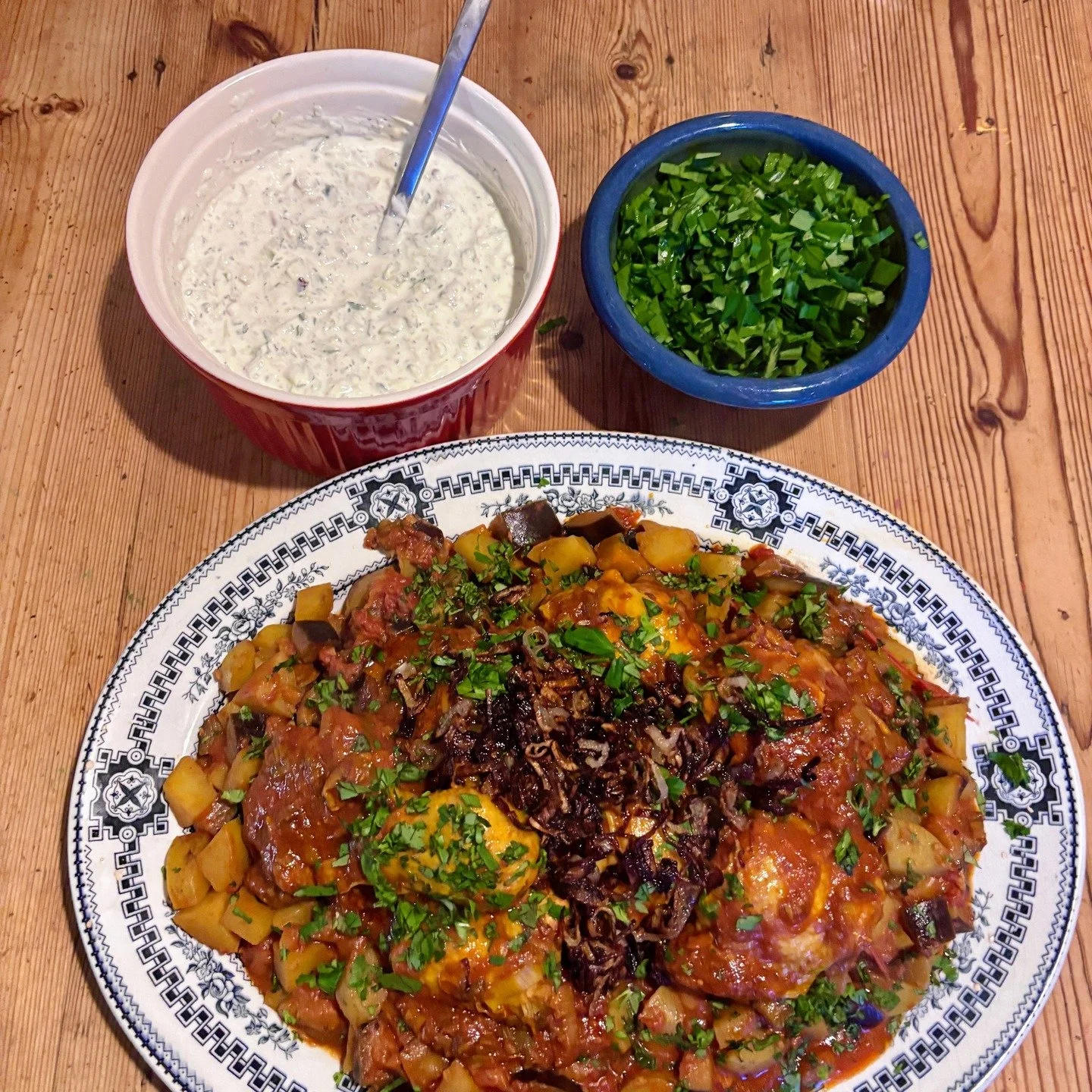 Combat Kitchen March: Iran.

Aloo Baingan, Persian Chicken Thighs with Leeks, Mast o Khiar/Persian Yoghurt and Cucumber Dip.

Thanks to: Shayma Saadat