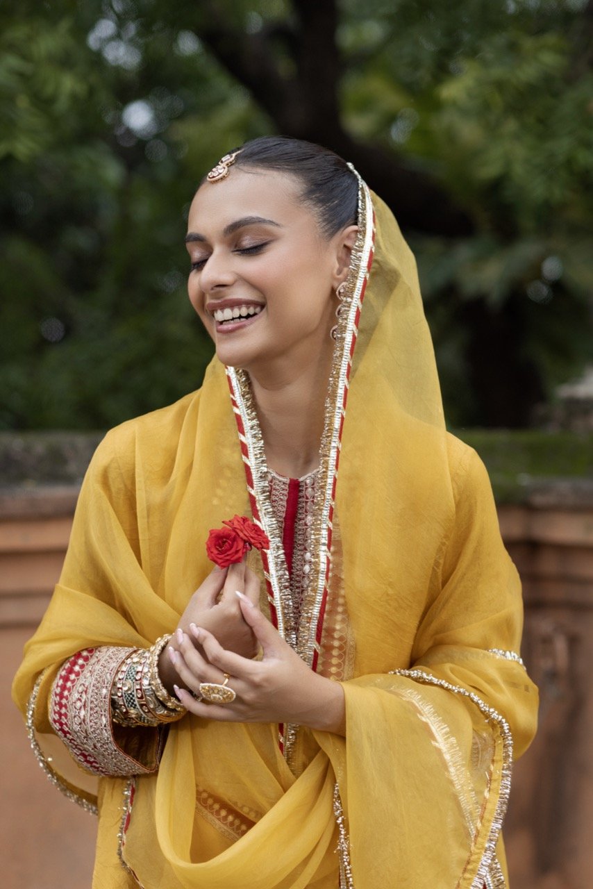 Mustard Crushed Silk Kurta Set with Embroidery