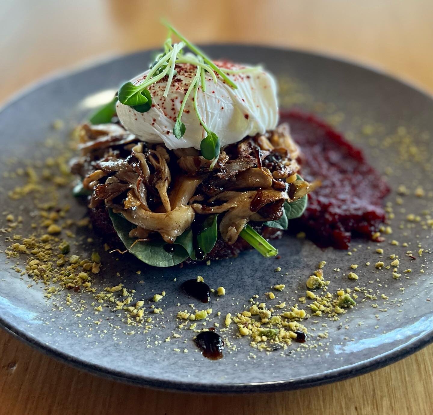 Come in and try our magic mushrooms for breaky  Locally grown gourmet mushrooms, on a potato Rosti, baby spinach, Manning Valley free range egg, housecmade beetroot relish, a drizzle of balsamic truffle glaze and a sprinkle of pistachio dukkah for a 