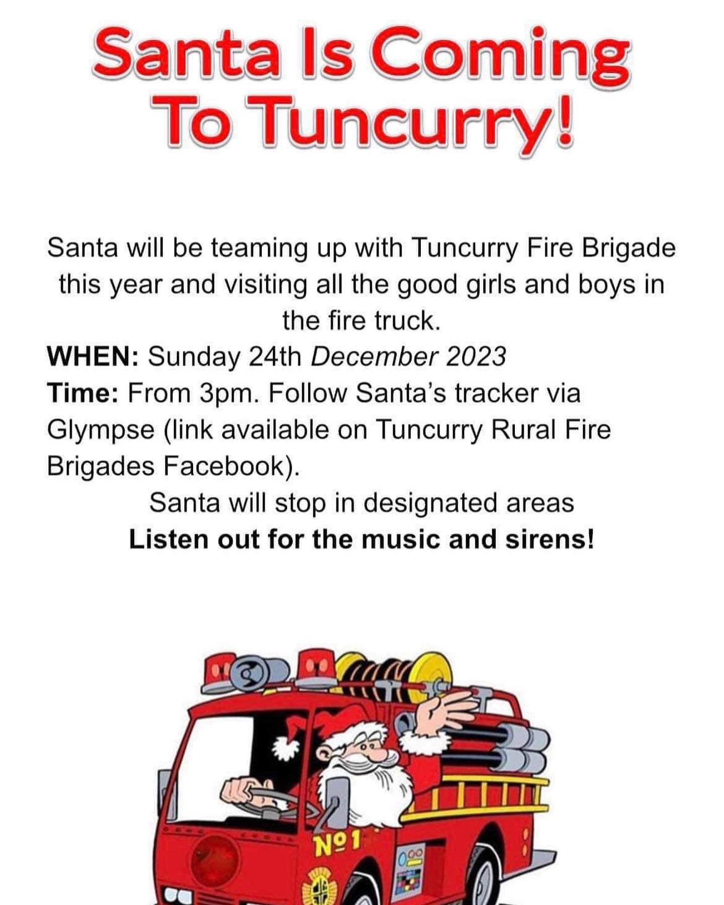 🎅SANTA IS COMING TO TOWN 🎅

Santa will be driving through town in a fire truck this Christmas Eve, giving out lollies to all the children he sees! 🚒

A link will be posted on the Tuncurry Rural Fire Brigade Facebook page closer to the date to trac