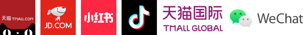 Chinese e-commerce and social media platform logos — Tmall, [JD.com](http://JD.com), RedNote, Douyin, Tmall Global, WeChat