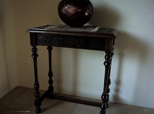 Redwood table, turned legs, first lathe project, 1971, overall dimensions: 14" x 26" x 30" tall