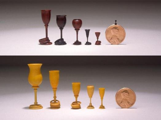 Miniature goblets with rings, 1987, various exotic woods, International Turned Objects Show, 1988, Center for Art in Wood Museum, Philadelphia, PA