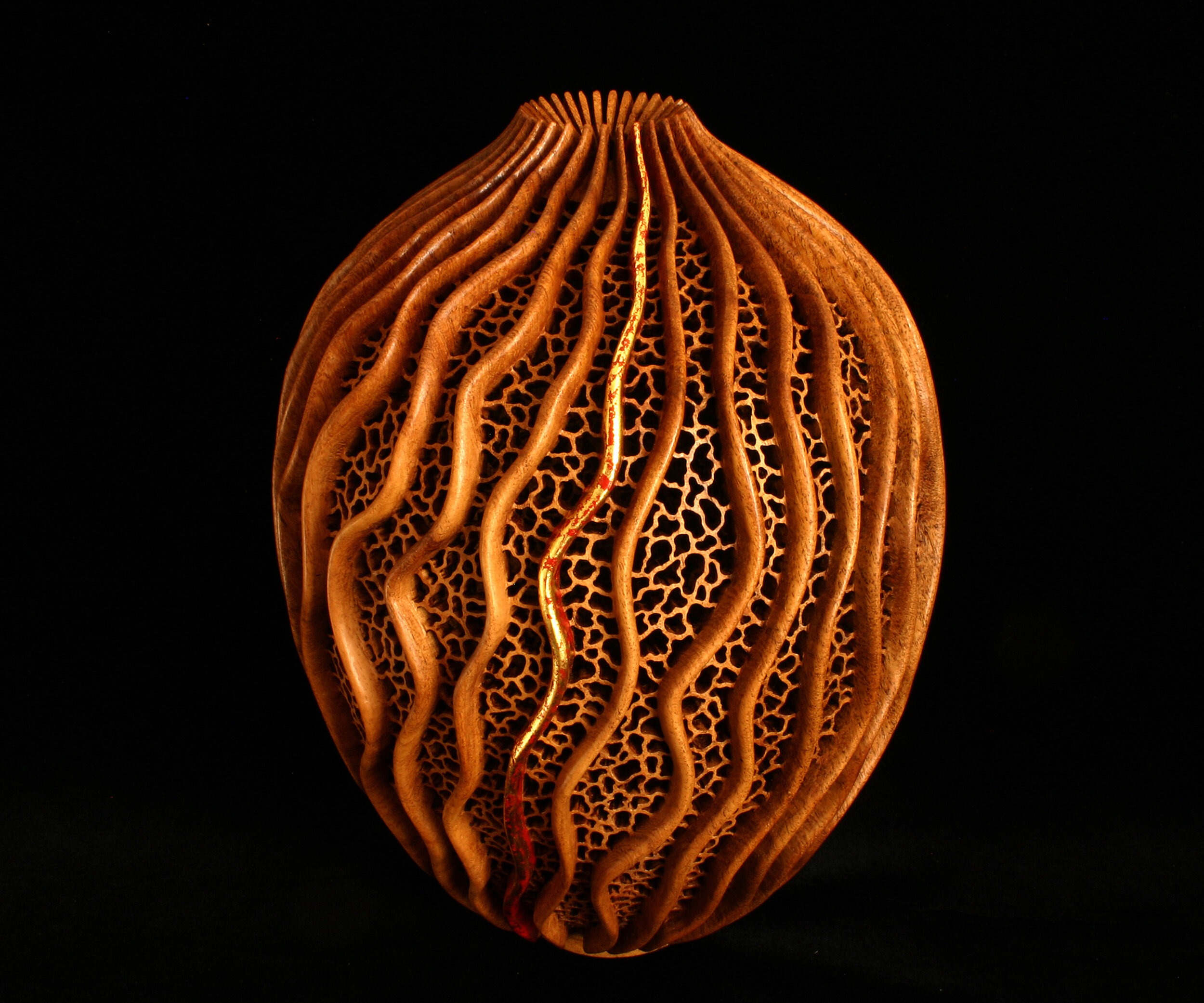And One to Grow On, Mesquite, Acrylic Paint, 24K gold leaf, 11" tall x 8" dia., AAW 30th Anniversary Exhibit, Atlanta, 2016 (#692)
(Retitled "Gilt and Good Fortune", 2018)