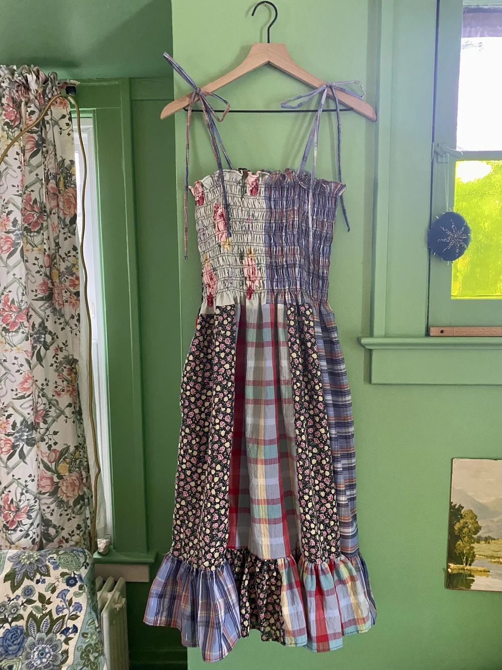 Reversible Floral and Plaid Stretchy Shirred Patchwork Dress Incarnata Reversible Floral and Plaid Stretchy Shirred Patchwork Dress Incarnata