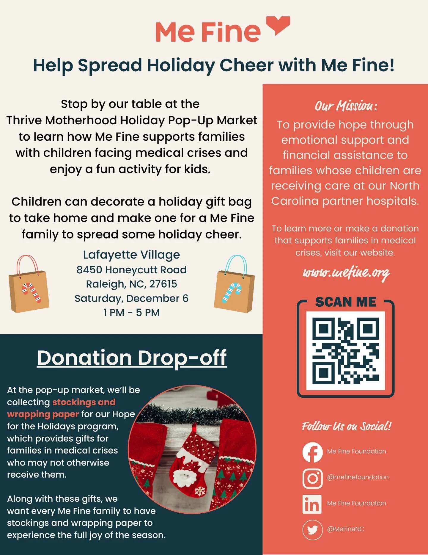 🎁✨ Join us at the @thrivemotherhood Holiday Pop-Up Market! Stop by the Me Fine table to learn how we support families whose children are receiving care at local hospitals and help us spread a little extra joy this season.

We&rsquo;ll be collecting 