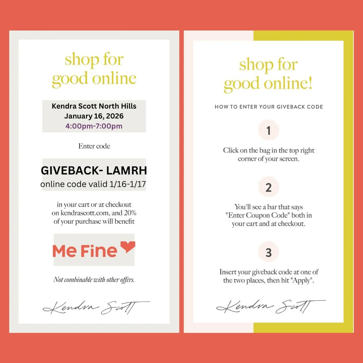 Your jewelry purchase can make a difference💍

Shop at Kendra Scott in North Hills on January 16th from 4 to 7 PM for a Give Back event supporting Me Fine. 20% of your purchases will directly benefit families we serve.

Unable to shop in person? Use 
