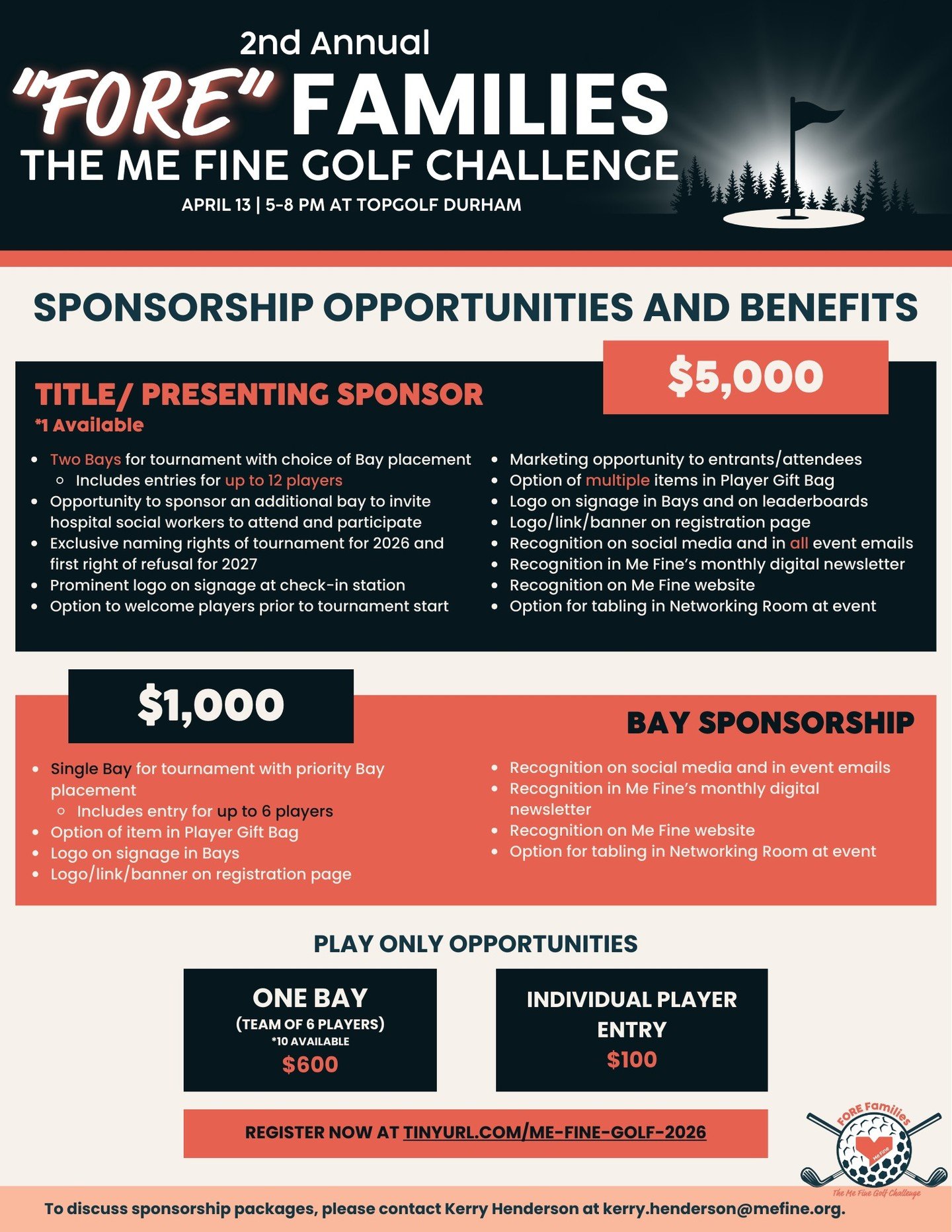 We&rsquo;re currently seeking a Title Sponsor for the 2nd Annual &ldquo;Fore&rdquo; Families: Me Fine Golf Challenge on April 13 at Topgolf Durham.

This is a meaningful opportunity to showcase your organization&rsquo;s commitment to our
community wh