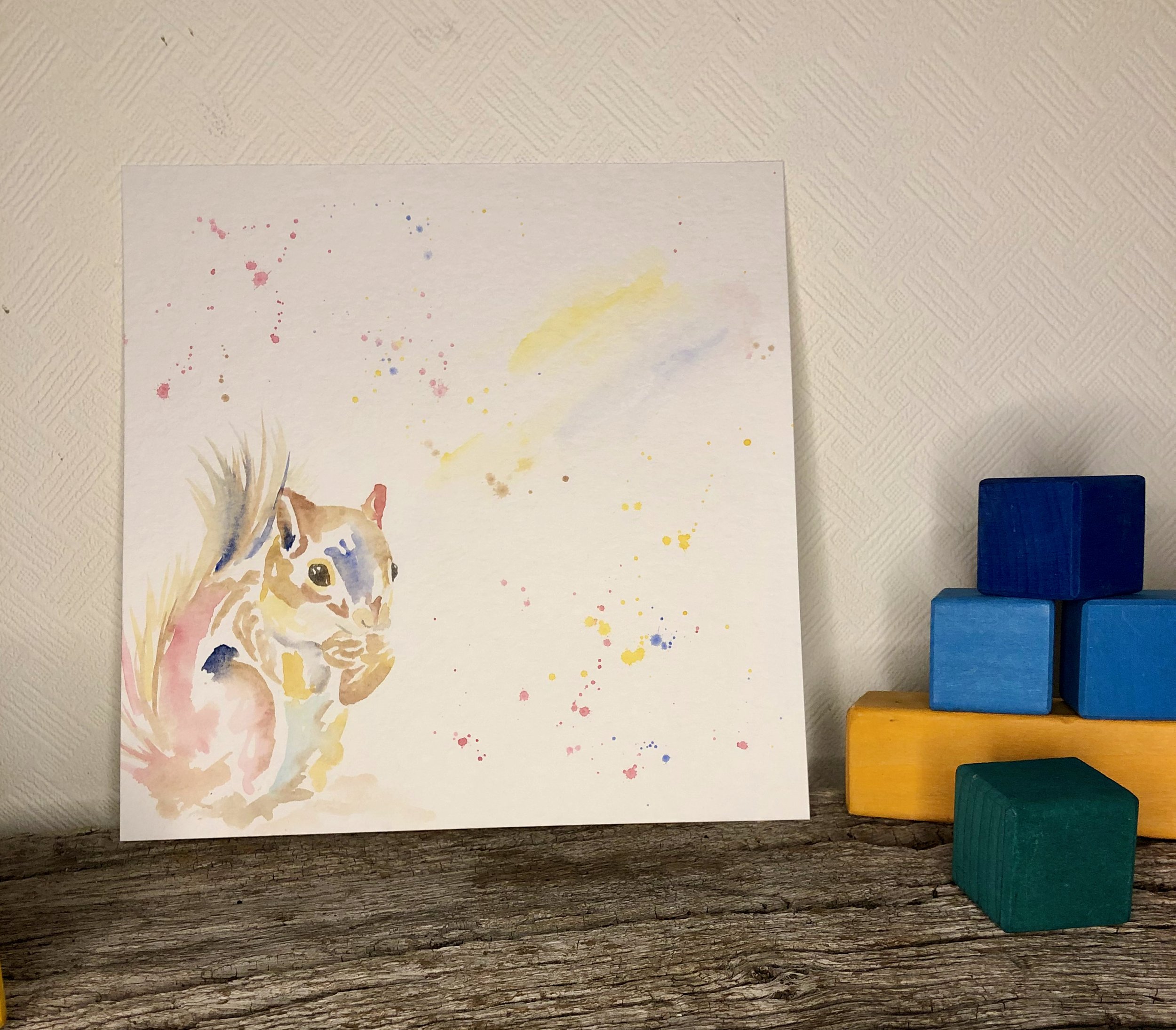 Eichhörnchen Aquarellbild Namensschild, Kinder Name personalisiert, süßes Geschenk zur Geburt, für Jungen und Mädchen, unisex, handgemalt