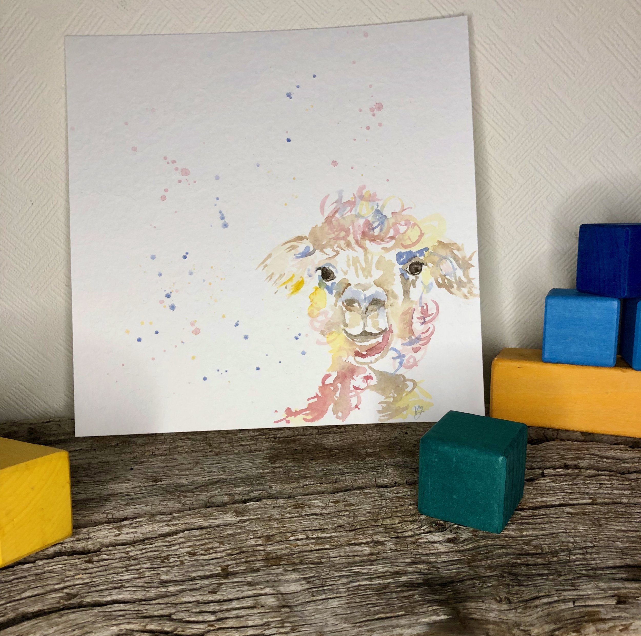 Alpaka Aquarellbild, handgemaltes Original, Kinder Kunst, Kinderzimmer Deko modern, Name personalisiert, bunte Kunst für Kids