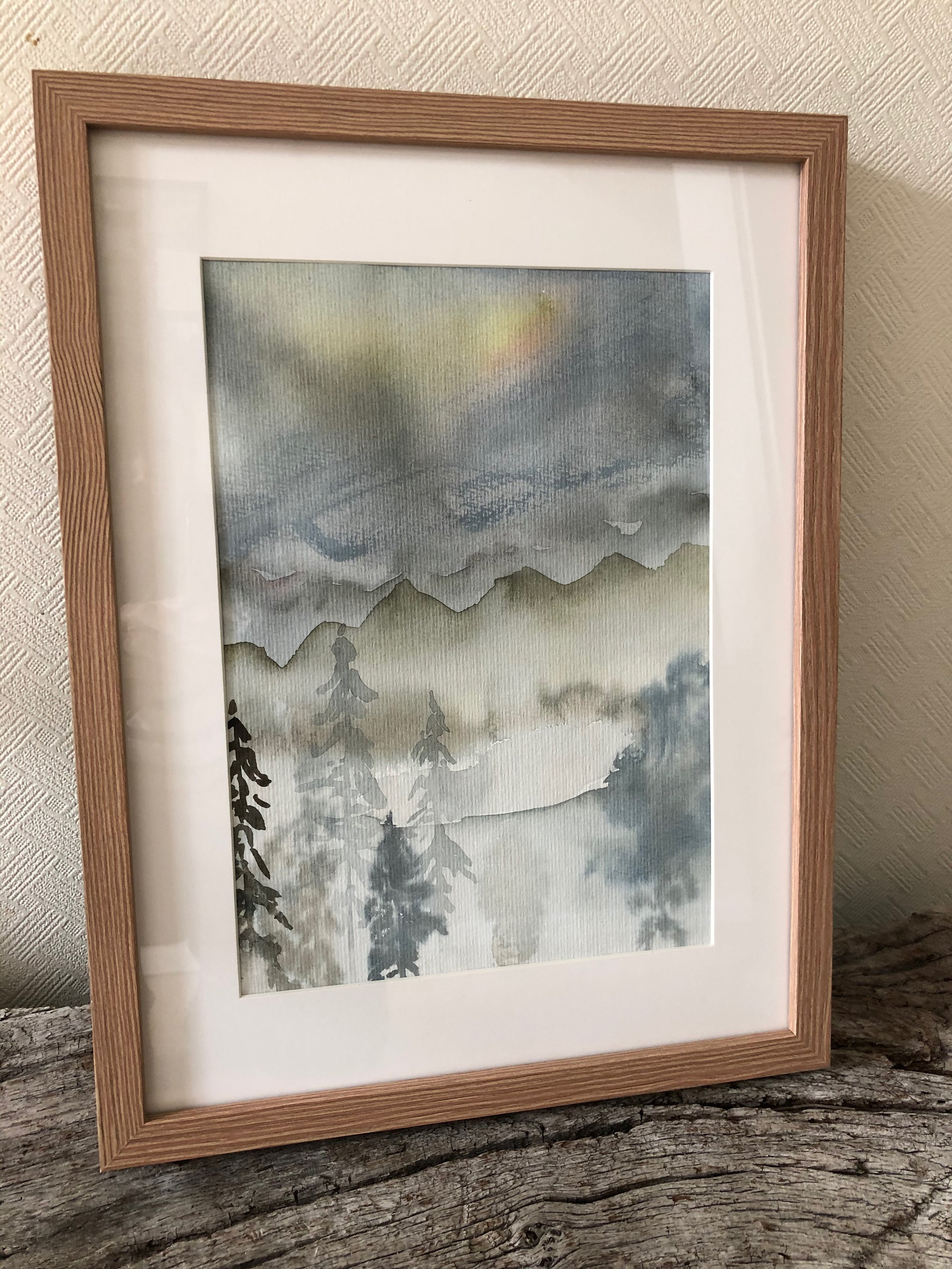Original Aquarellbild Berge und Seen Abstrakt minimalistisches Gemälde Scandinavisch und dramatische Kunst
