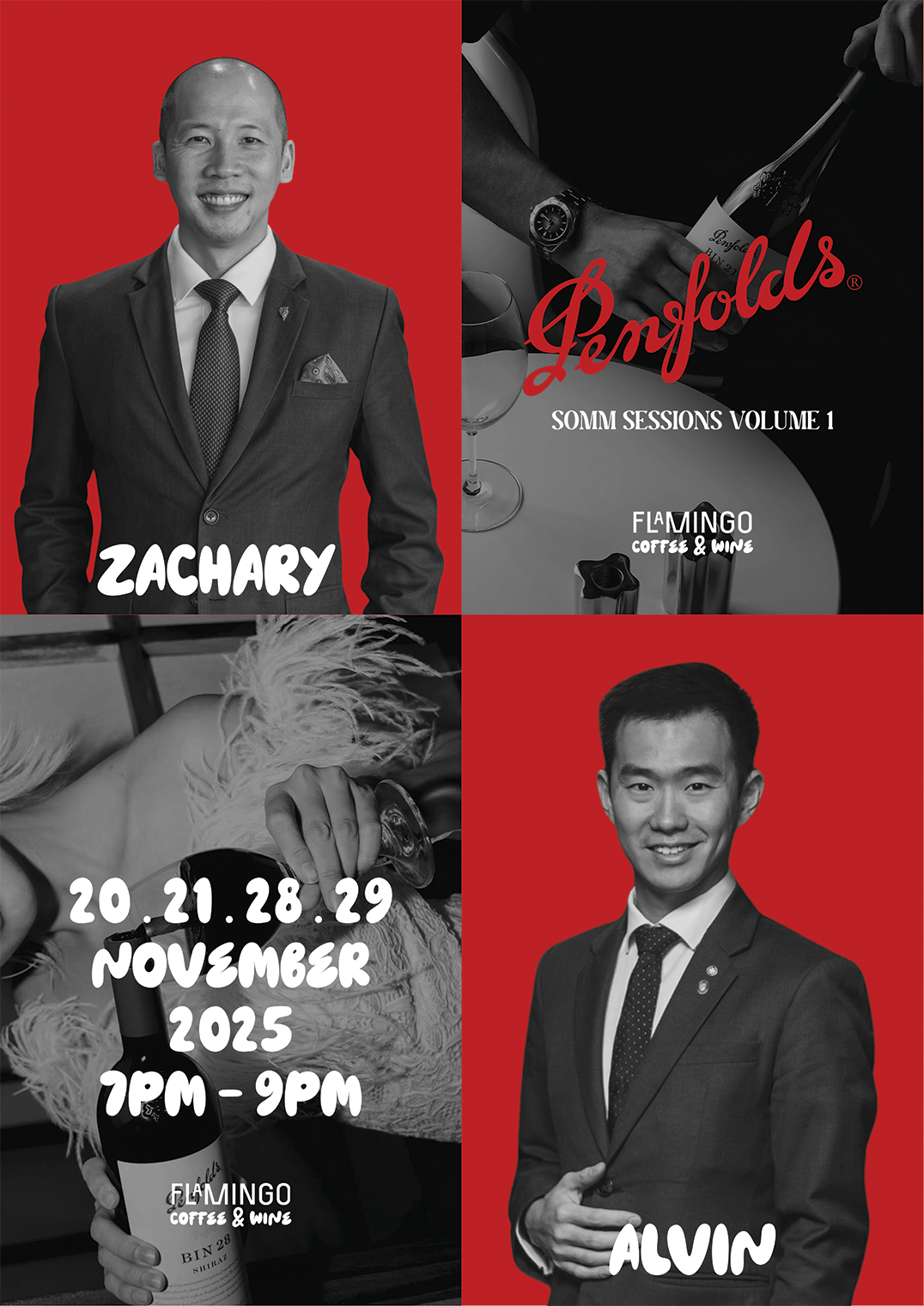 A four-panel event poster featuring two men, Zachary and Alvin, for a wine and coffee tasting event at Flamingo Coffee & Wine from November 20 to 29, 2025, from 7 PM to 9 PM.