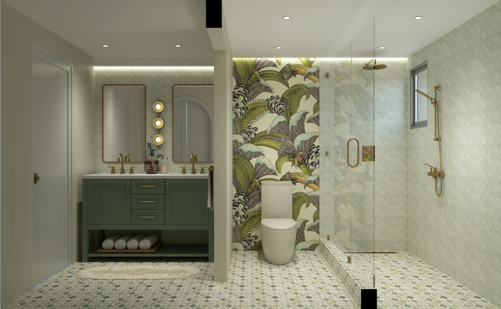 A primary bath design with green vanity, botanical wallpaper and a glass shower