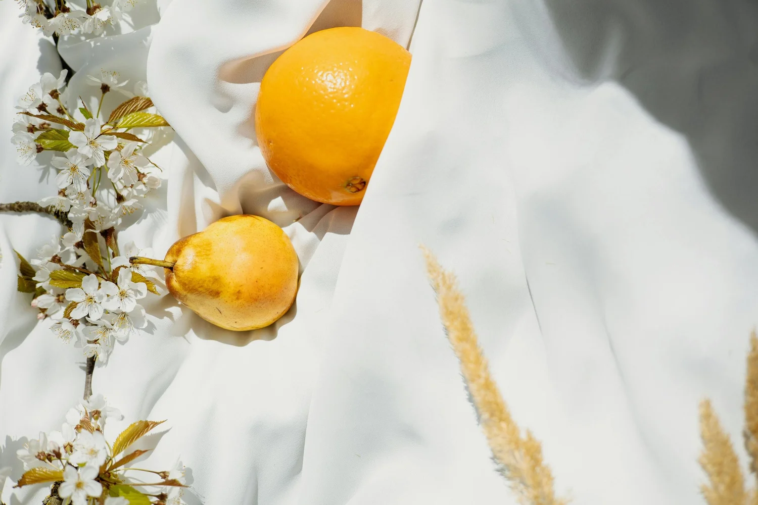 Lemons and white blossoms on linen