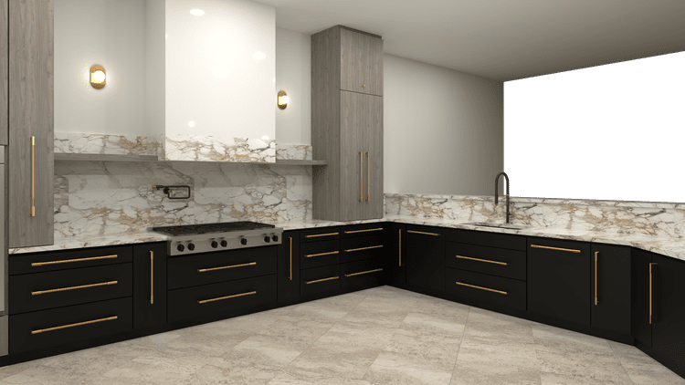 A kitchen design plan with dark cabinets and brass hardware