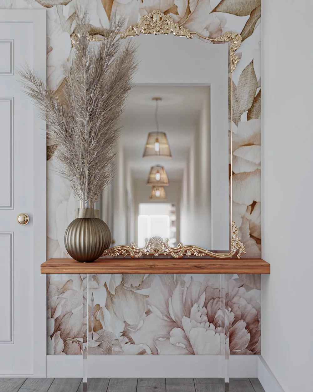 Floral wallpaper with a floating shelf, mirror and dried grasses