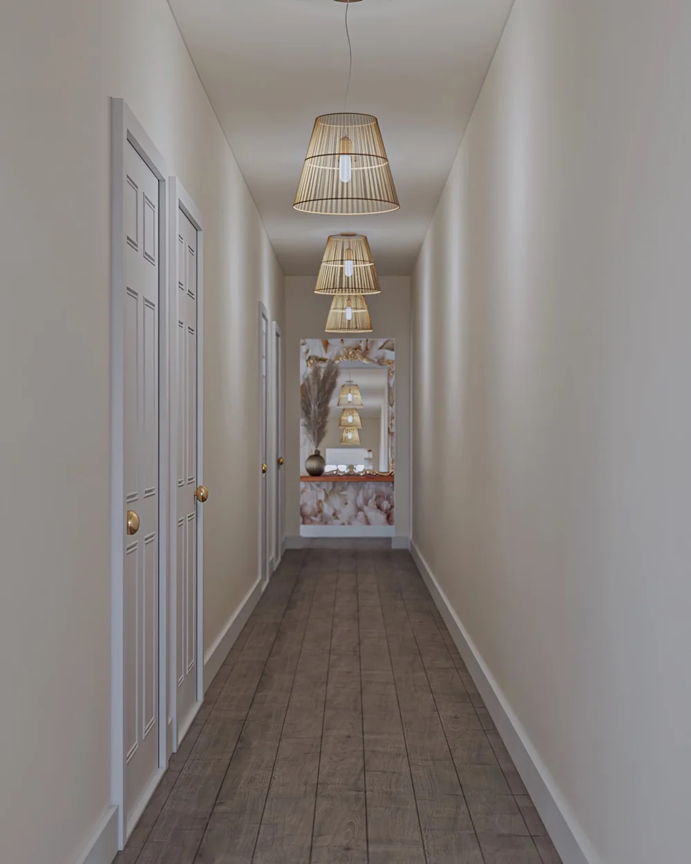 A long hallway with woven pendant lights