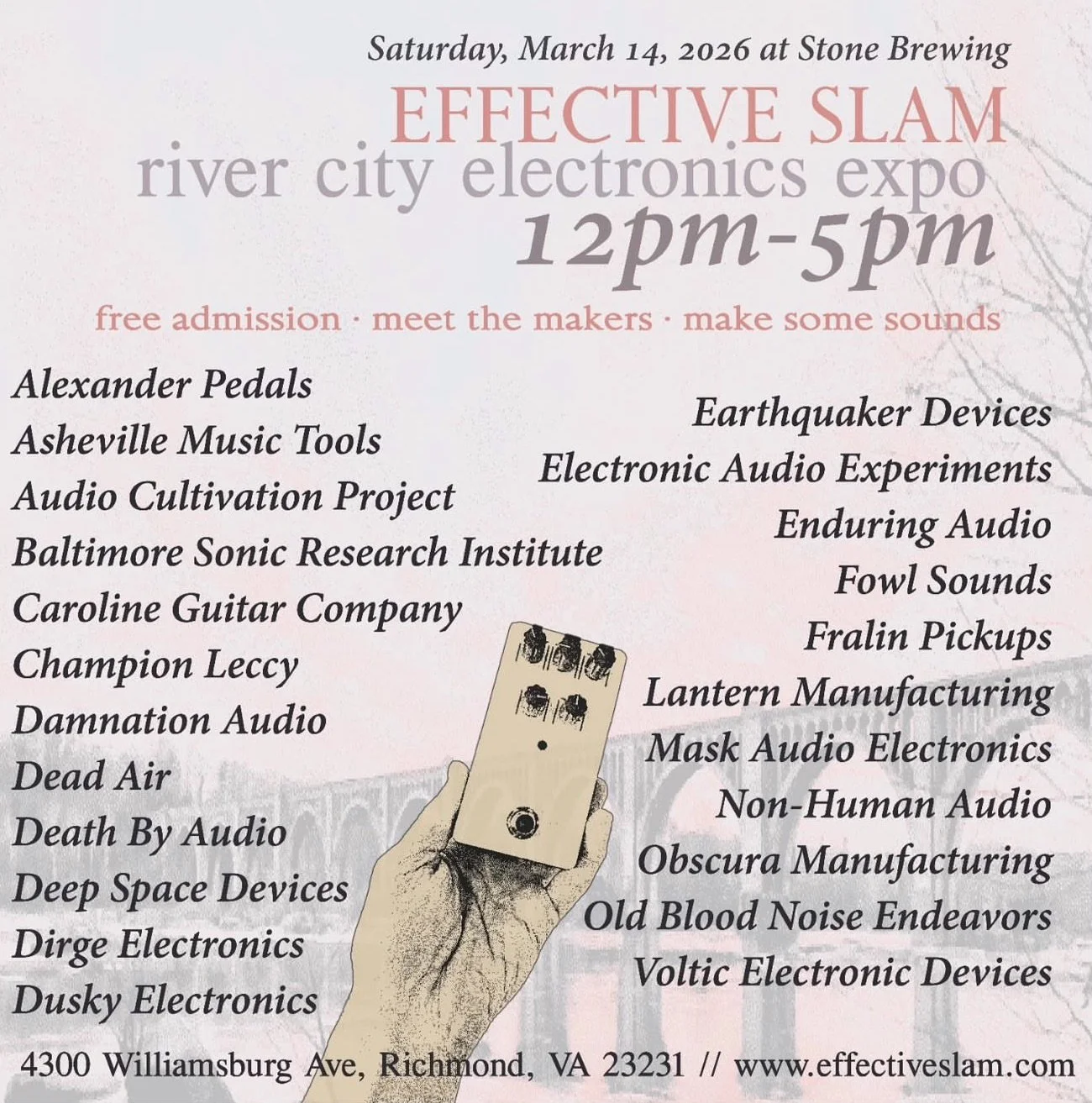 Hey!
So this is happening in less than a month.
Effective Slam - an RVA pedal show taking place Saturday, 3/14/26 (Pi Day!) from 12PM-5PM
at @stonebrewingrva. Admission is free, and open to the public.

We as in myself and @vegalentine will be there 
