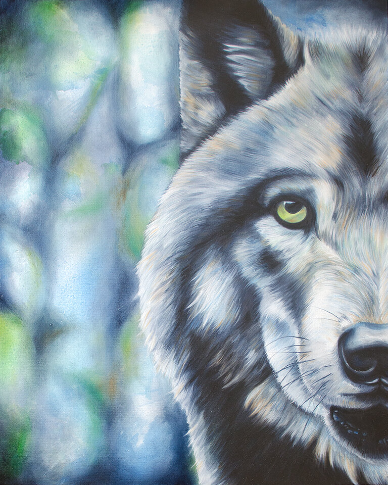 oil painting of half the face of a wolf