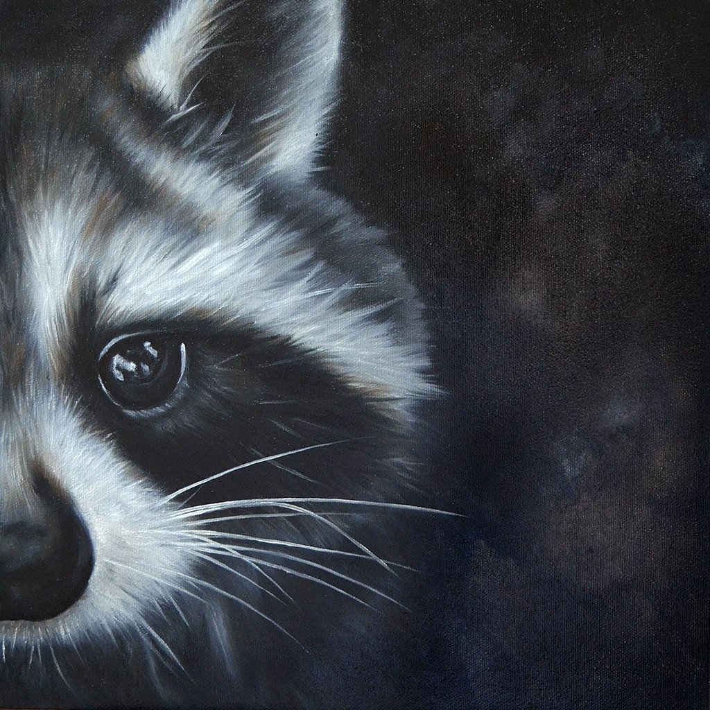 oil painting of half the face of a raccoon