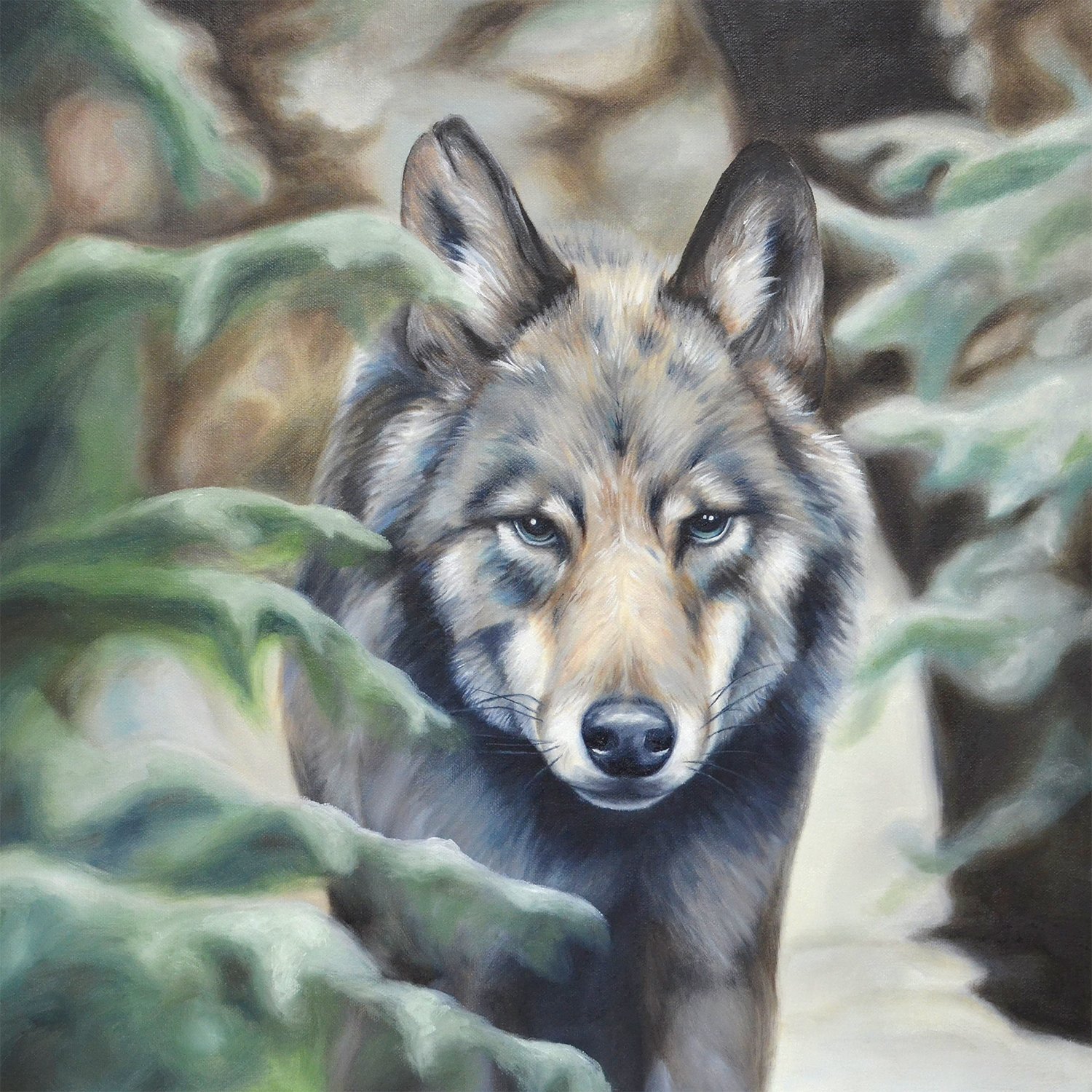 Vancouver Island artist Sarah Bergeron with Wolf oil painting