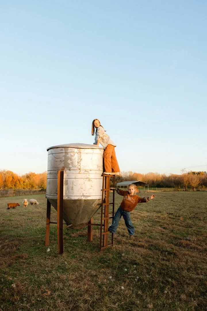Two children playing outdoors near a large, weathered metal silo on a farm field. One child is standing on a ladder, leaning on the silo, while the other is hanging from the ladder, holding onto the first child's hand.