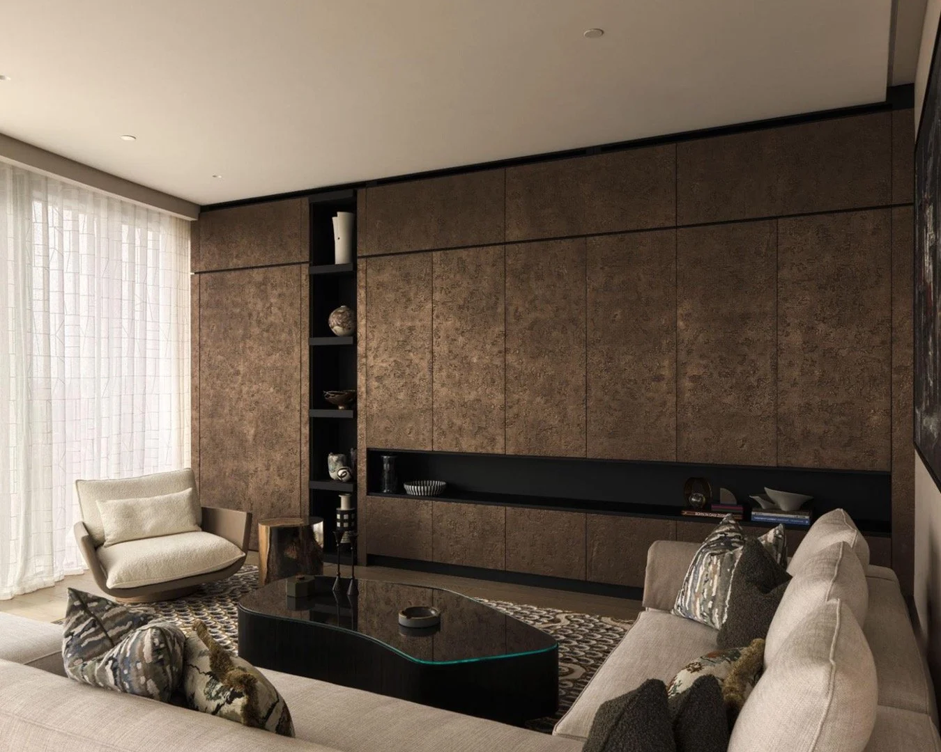 This media wall was designed to fit seamlessly into the space. Bi-fold pocket doors keep the TV hidden away when not in use, creating a calm, uncluttered feel. W&amp;G Shou Sugi Ban bronze doors with liquid metal edges add depth and warmth, complemen