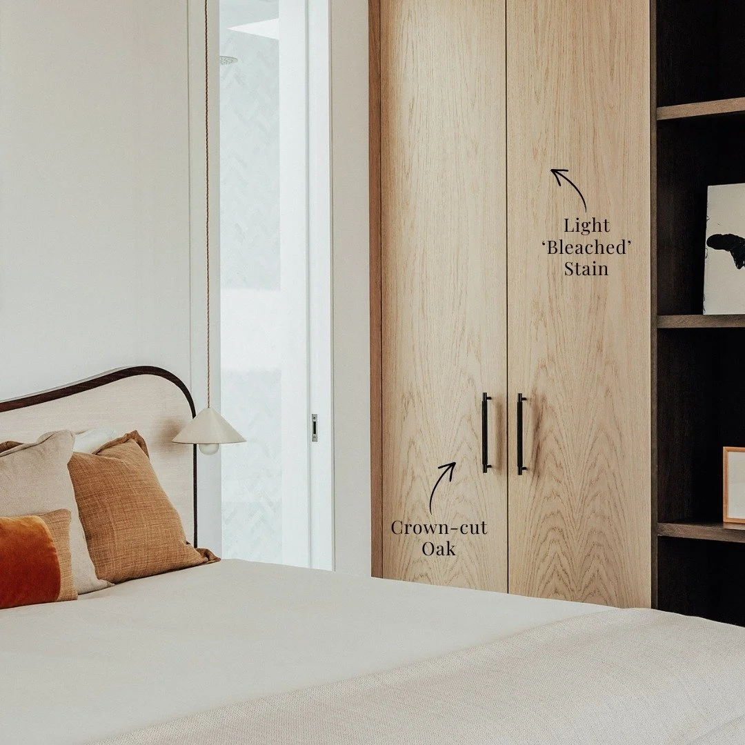 Getting ready at the start or end of the day feels easier when everything has its place. Crown-cut oak cabinetry keeps essentials organised in this master bedroom, combining long and short hanging spaces with open shelving for display. Gentle LED bac