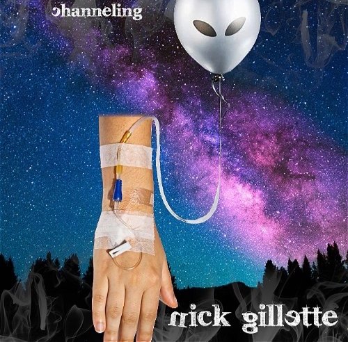 A hand with an IV connected to a silver balloon with alien eyes
