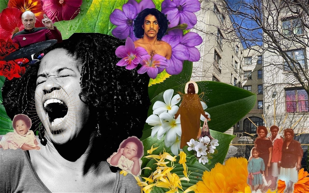 Collage of flowers, Prince, Jesus with halo, a woman shouting, Picard, baby photos, a city block.