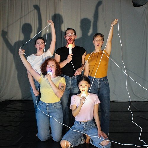 Five people shouting into lightbulbs as microphones