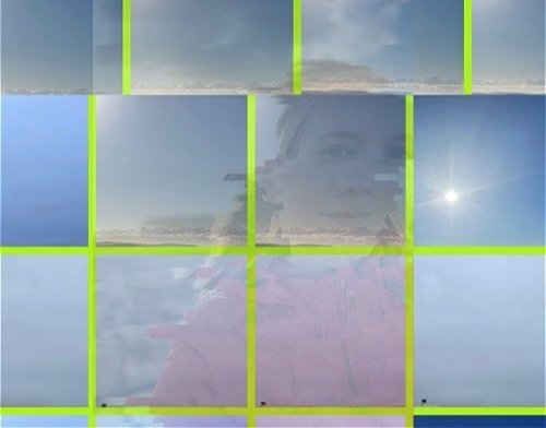 A woman's face and a distant horizon, refracted and distorted in a grid of flourescant yellow-outlined tiles