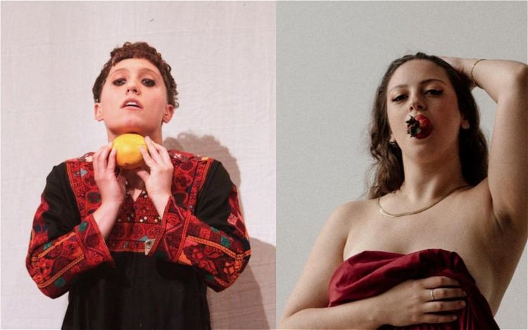 Split vertically: on the left someone holds an orange to their neck, on the right someone holds a red sheet across their breast while eating a strawberry with no hands