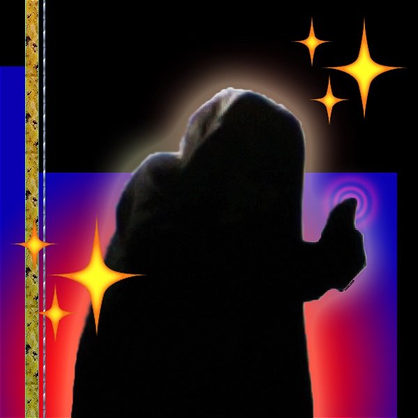 A sillhouetted cloaked figure holds up a finger. Pulsey waves radiate from it, and emoji sparkles flank the figure