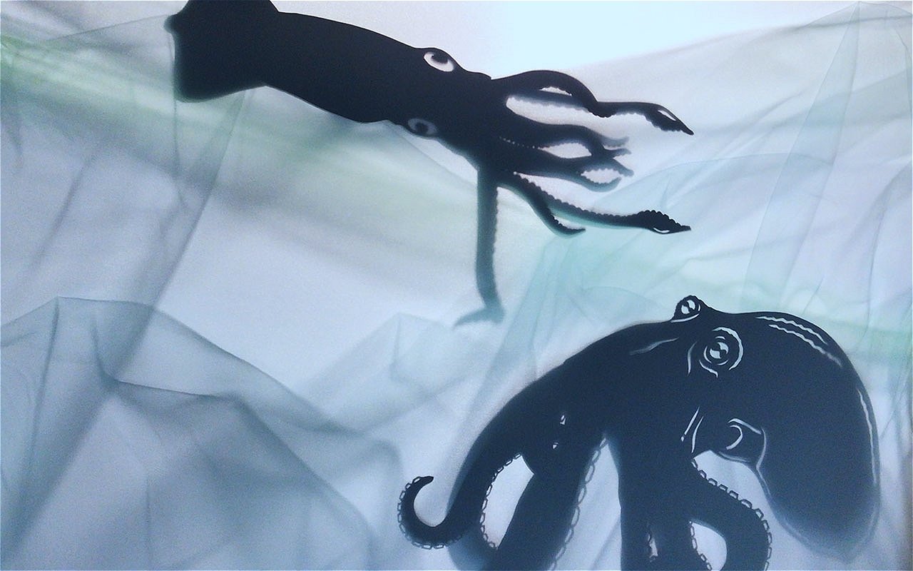 Shadows of a squid and octopus float on a backlit white wavy fabric