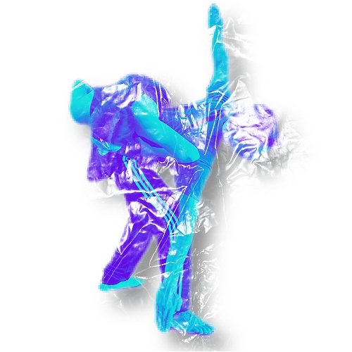 Two dancers in blue and purple, sealed in plastic wrap