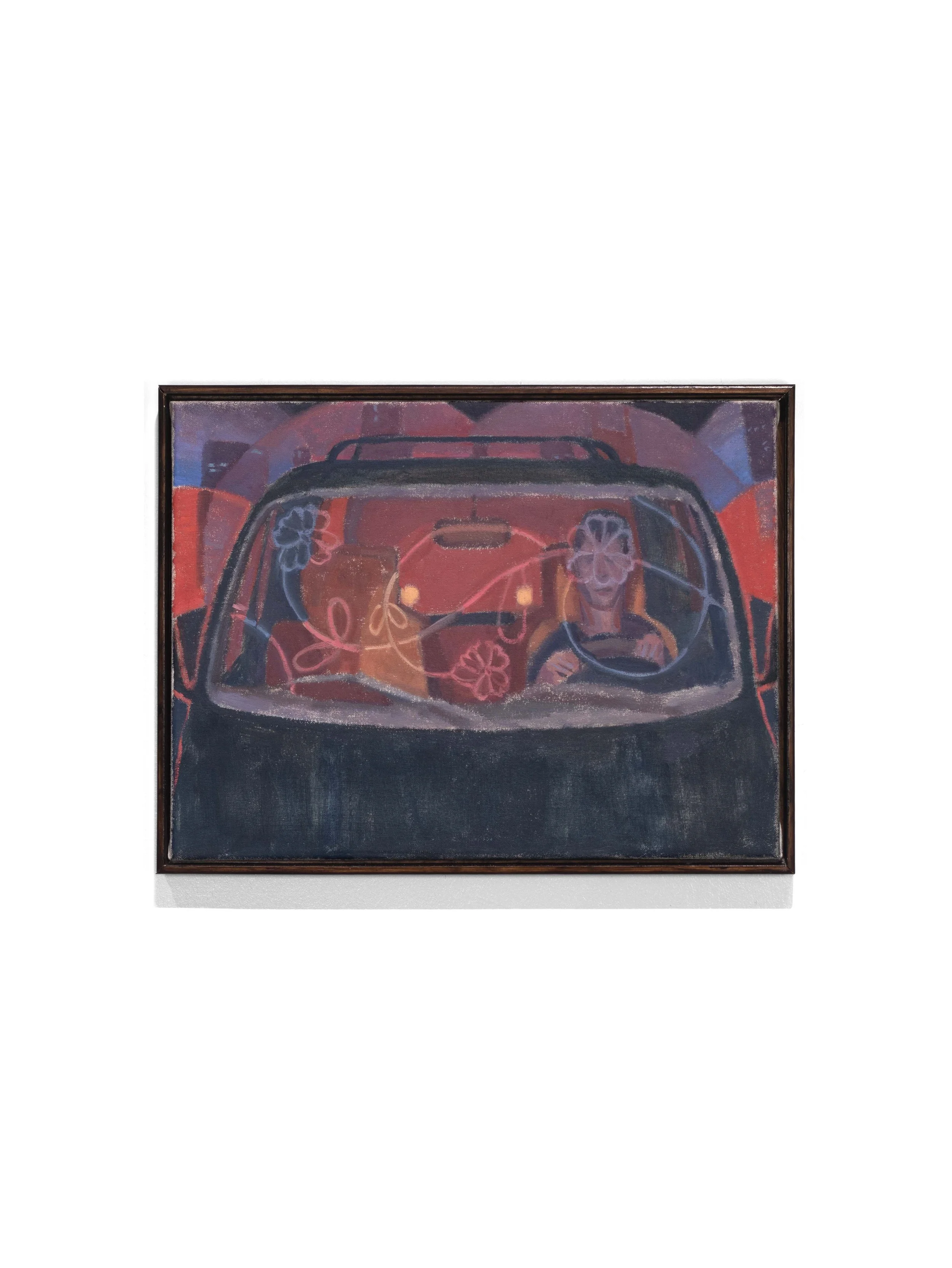 El Conductor (Augurios en el Parabrisas) / The Driver (Visions on the Windshield), 2026. Acrylic & oil on stretched canvas. 12" x 16" 