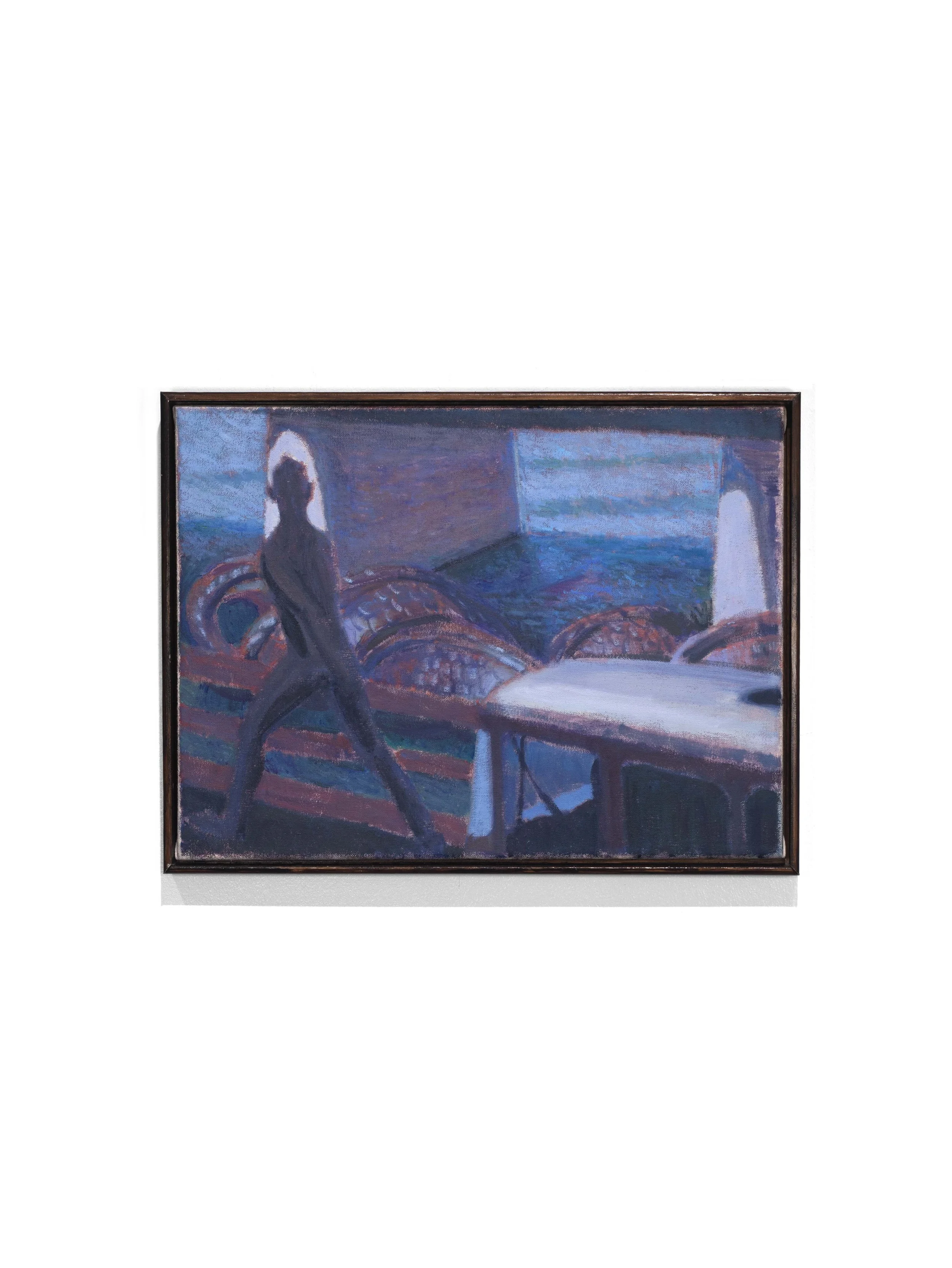 El Caminante y la Criatura / The Commuter and the Creature, 2026. Acrylic & oil on stretched canvas. 12" x 16" 
