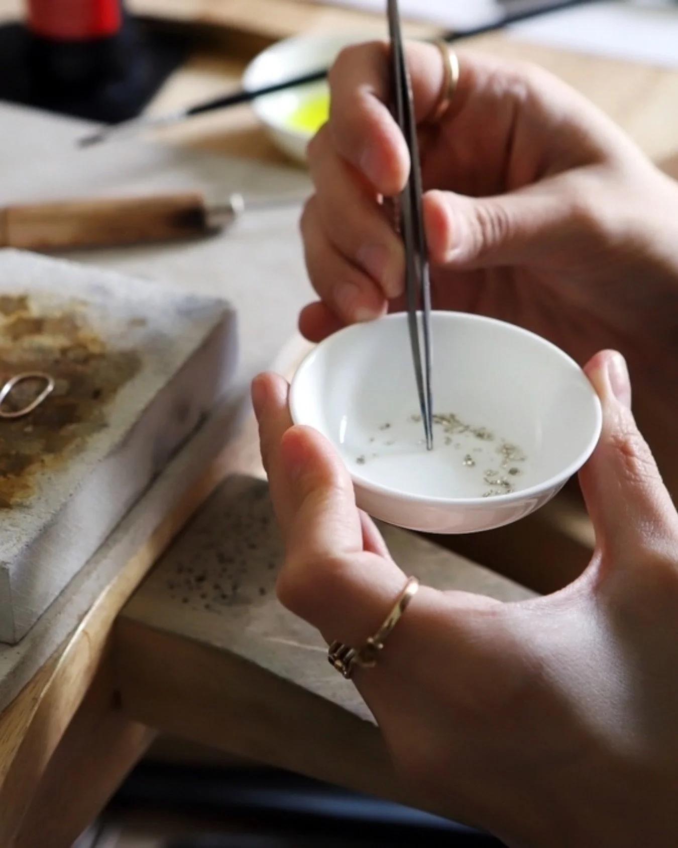 These are minuscule pieces of solder that will join metal to metal ✨ This is where the real magic happens at the bench. Not in the grand gestures, but in the microscopic precision. 
Each tiny piece must be placed exactly right, heated to the perfect
