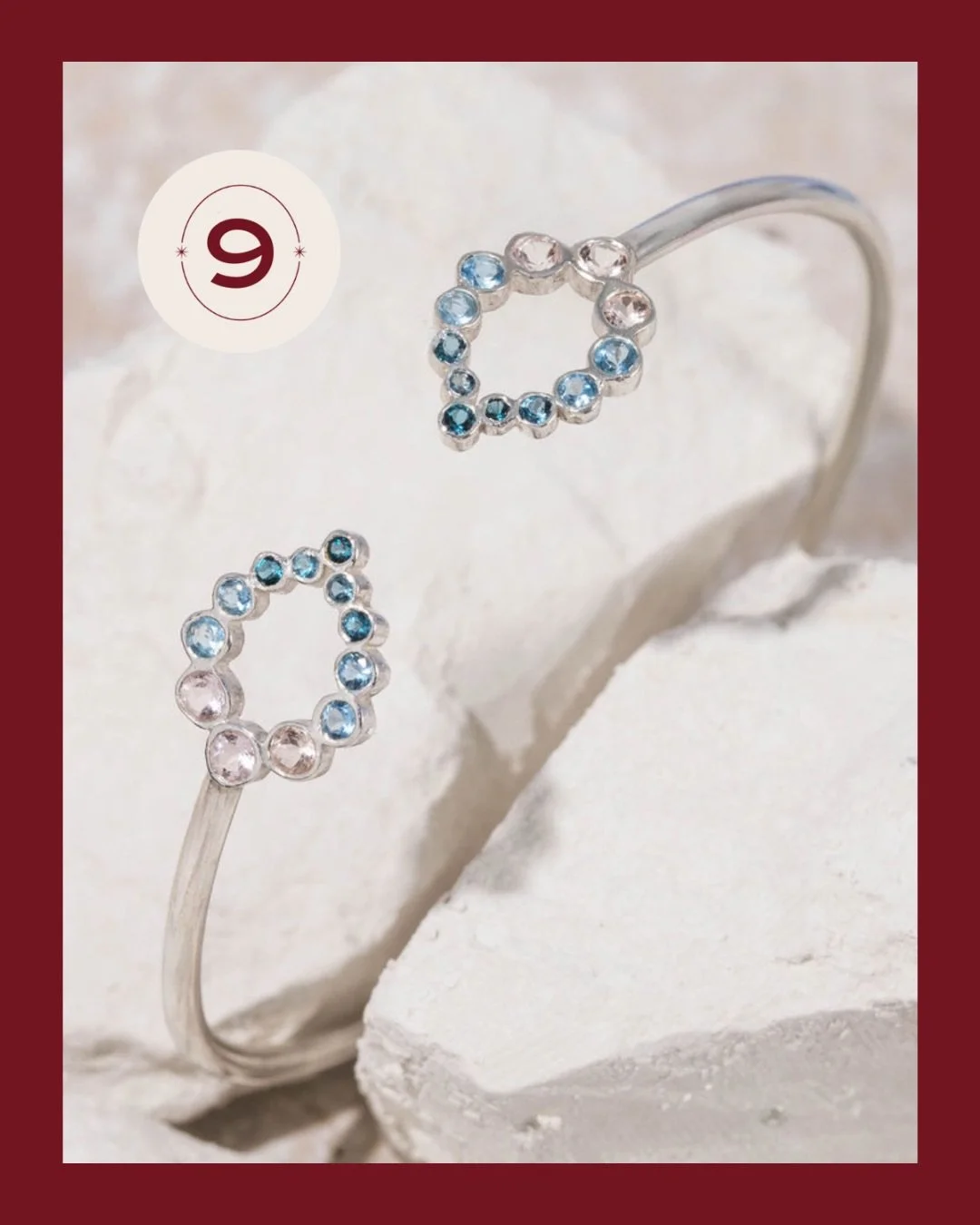 Day 9 flows with the Droplet Bangle - where ocean meets sky in sterling silver ✨
⠀⠀⠀⠀⠀⠀⠀⠀⠀
This open teardrop bangle features London Blue topaz, aquamarine, and morganite in a stunning ombre effect. Deep ocean blues transition through aquamarine seas