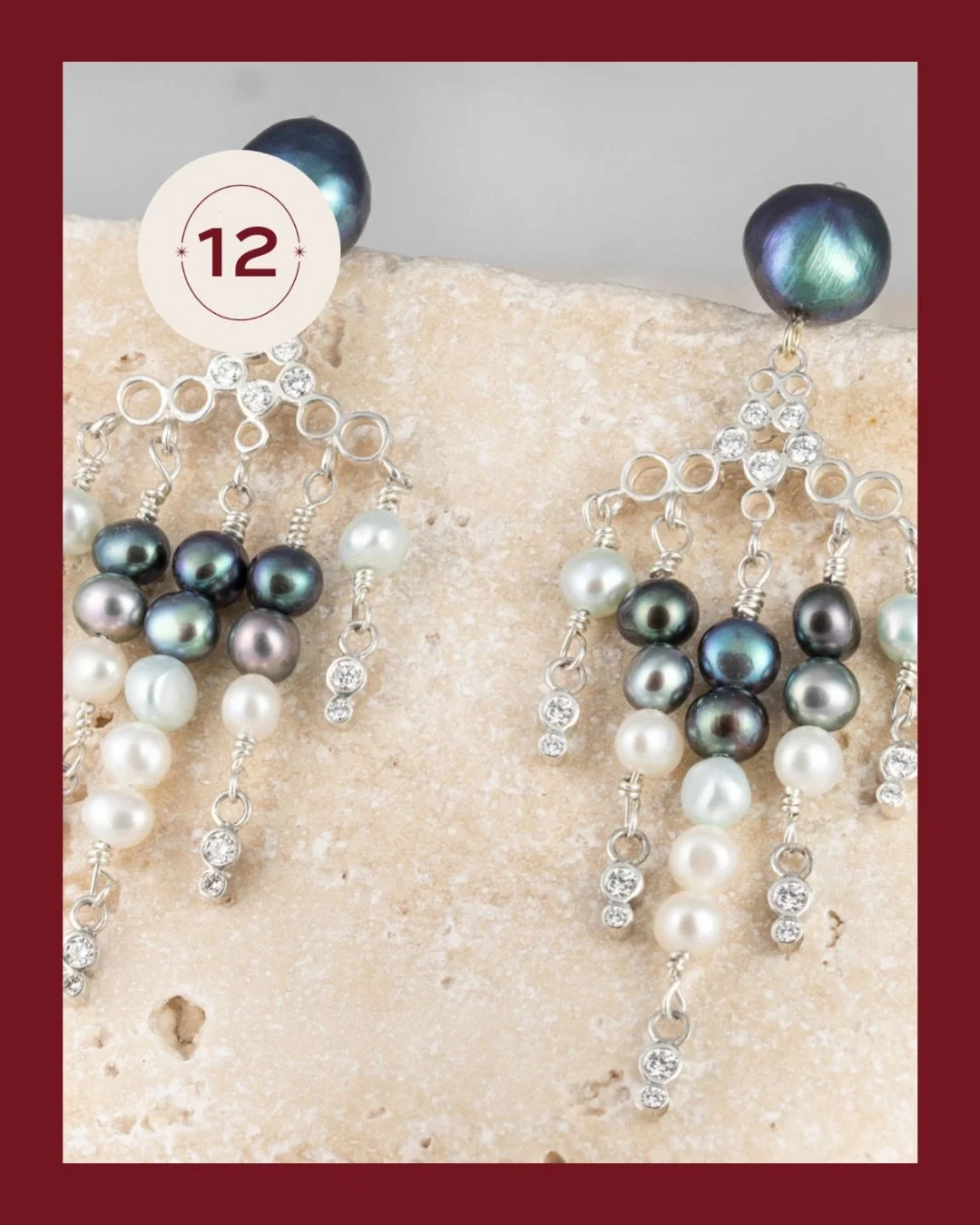 FINALE - Day 12 brings Silver Starfall Chandeliers - these enchanting earrings capture shooting stars streaking across night skies. 
⠀⠀⠀⠀⠀⠀⠀⠀⠀
Peacock baroque pearl tops anchor an elegant cascade of silver, ivory, and teal-hued freshwater pearls. Eac