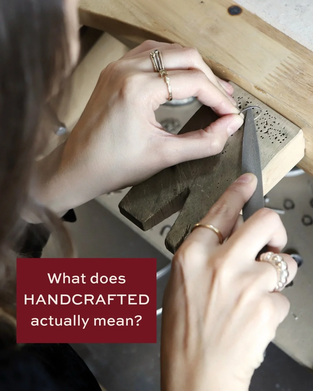 When I say a piece is handcrafted, this is what I mean:
&rarr; Hand-painted bespoke designs that capture your story
&rarr; Sometimes carved in wax and cast, sometimes built directly in metal
&rarr; Days of hand finishing - filing, refining, sanding e