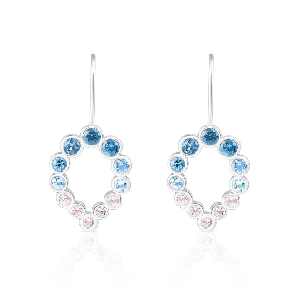 Sterling silver teardrop earrings with London blue topaz, aquamarine and morganite in an ombre fade - handmade by Katherine Elder in her North London studio