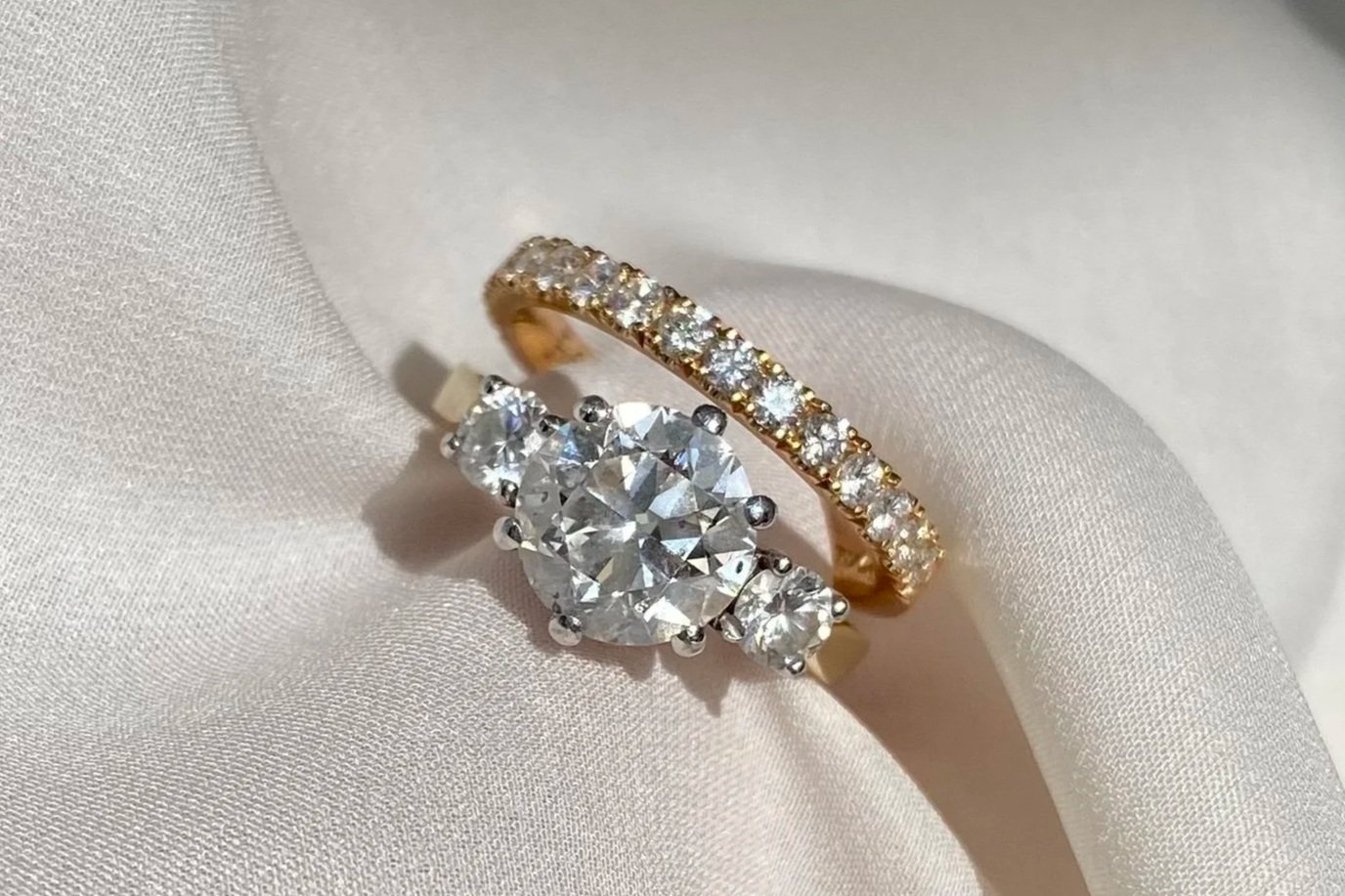 Katherine Elder Fine Jewellery diamond trilogy engagement ring with half eternity diamond wedding ring 18ct yellow gold