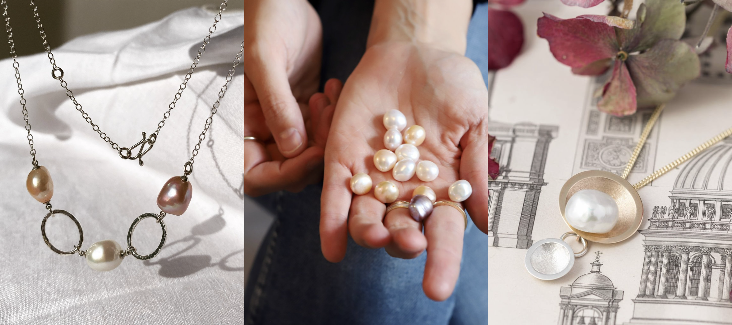 Katherine Elder jewellery — Supernova comet pendant, hand-selected pearls, and a bespoke pearl necklace.